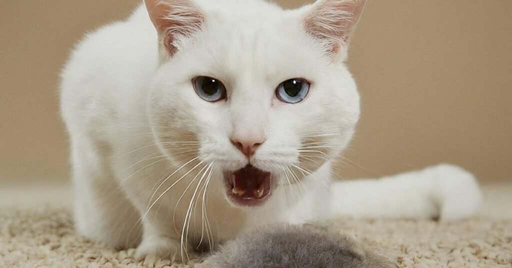 A fluffy white cat with its back arched and mouth open, coughing up a hairball on a beige carpet.