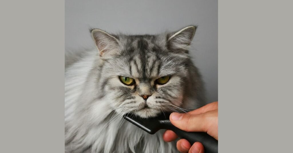 A person with gentle hands brushes a fluffy silver Persian cat, who sits patiently on a grooming table.