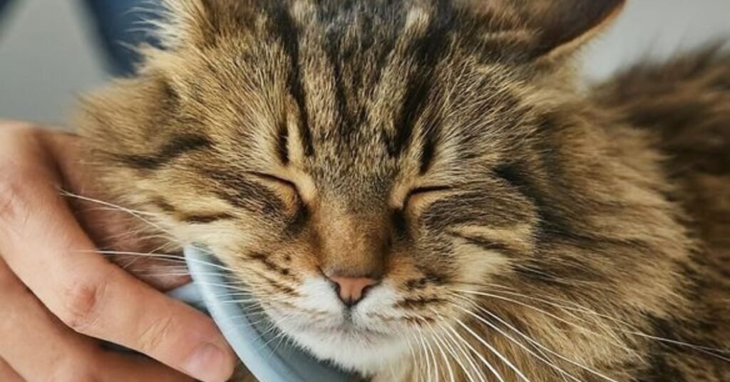 A person's hand gently brushes a longhaired cat who is curled up on a lap, purring with contentment.