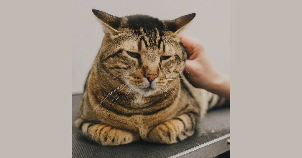 A relaxed cat enjoys a gentle brushing session on a grooming table.