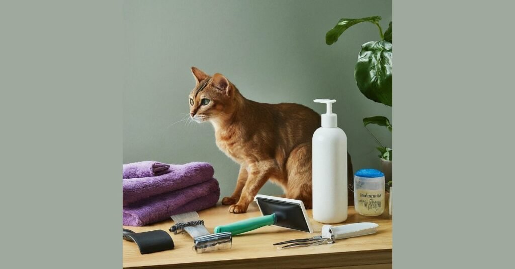 Cat grooming toolkit essentials laid out on a table.