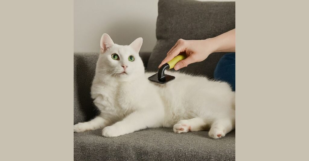 A gentle hand brushes a fluffy white cat with bright green eyes, revealing healthy fur and a happy expression.