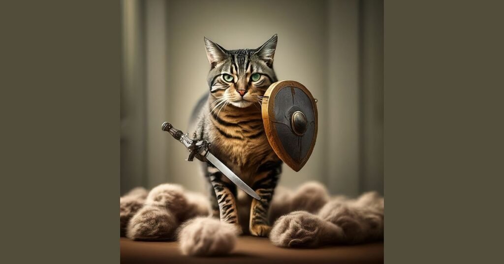 a playful image of a cat holding a catnip sword and shield, standing on a pile of hairballs, representing conquering hairballs.